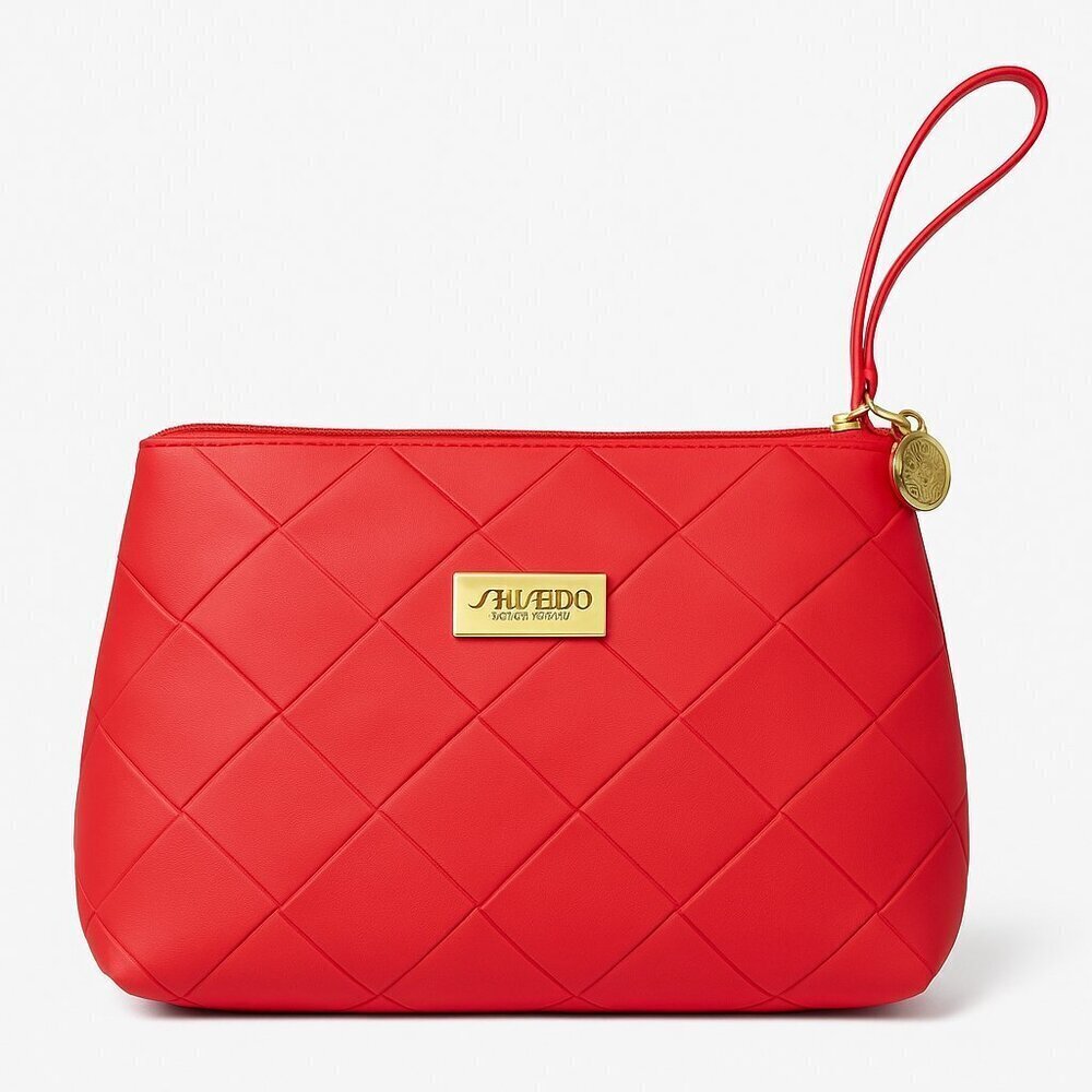 Shiseido Red Quilted Zipper Cosmetic Bag Wristlet Pouch – 10"x7" – Elegant Trave